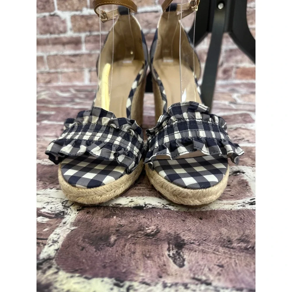 Draper James RSVP Navy Gingham Ruffle Espadrille Wedge Sandals Womens 9 Buffalo